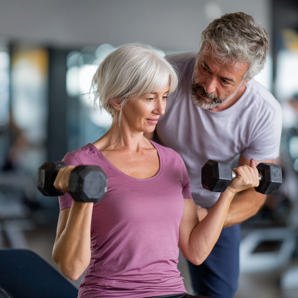 Experienced fitness instructor helping mature adult with proper exercise form