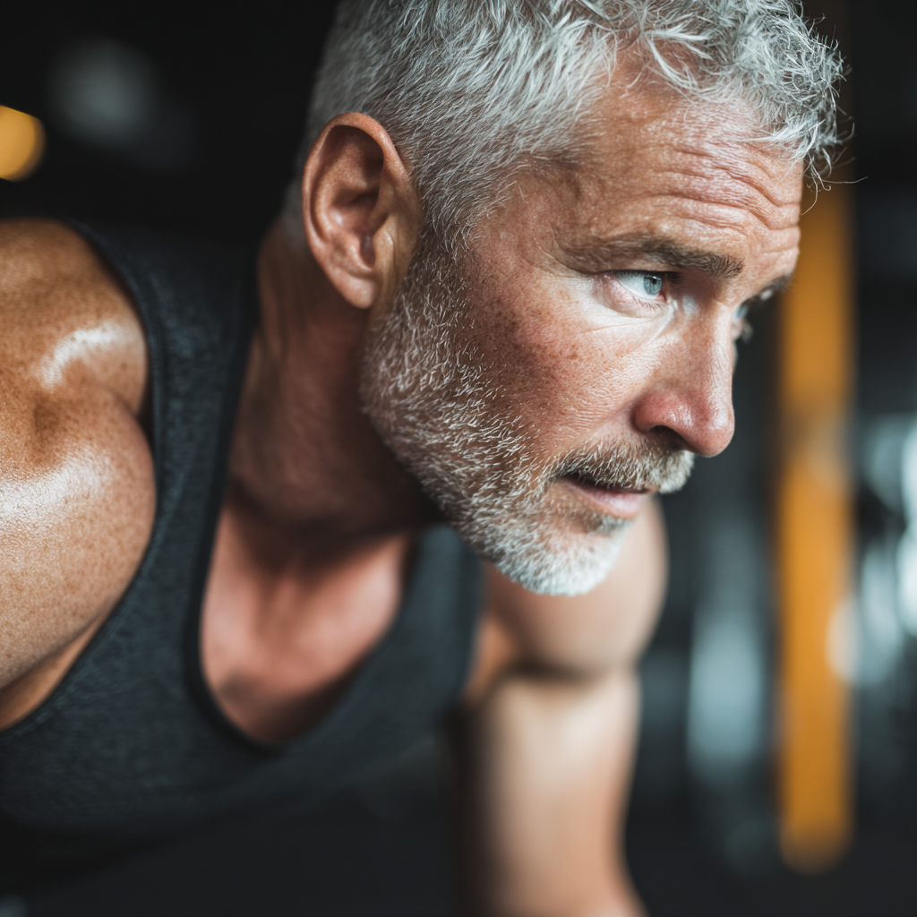 Middle-aged person exercising with determination in modern fitness environment